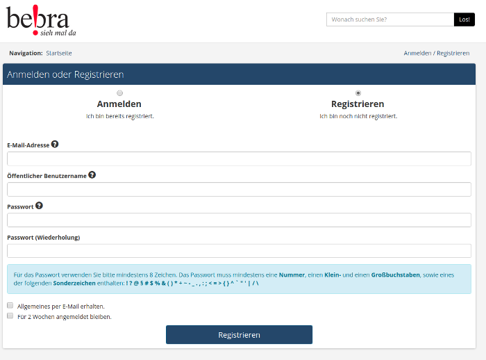 Screenshot Registrierung