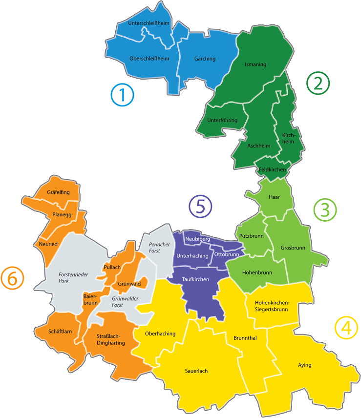 Karte der Sozialraum-Regionen 1 bis 6